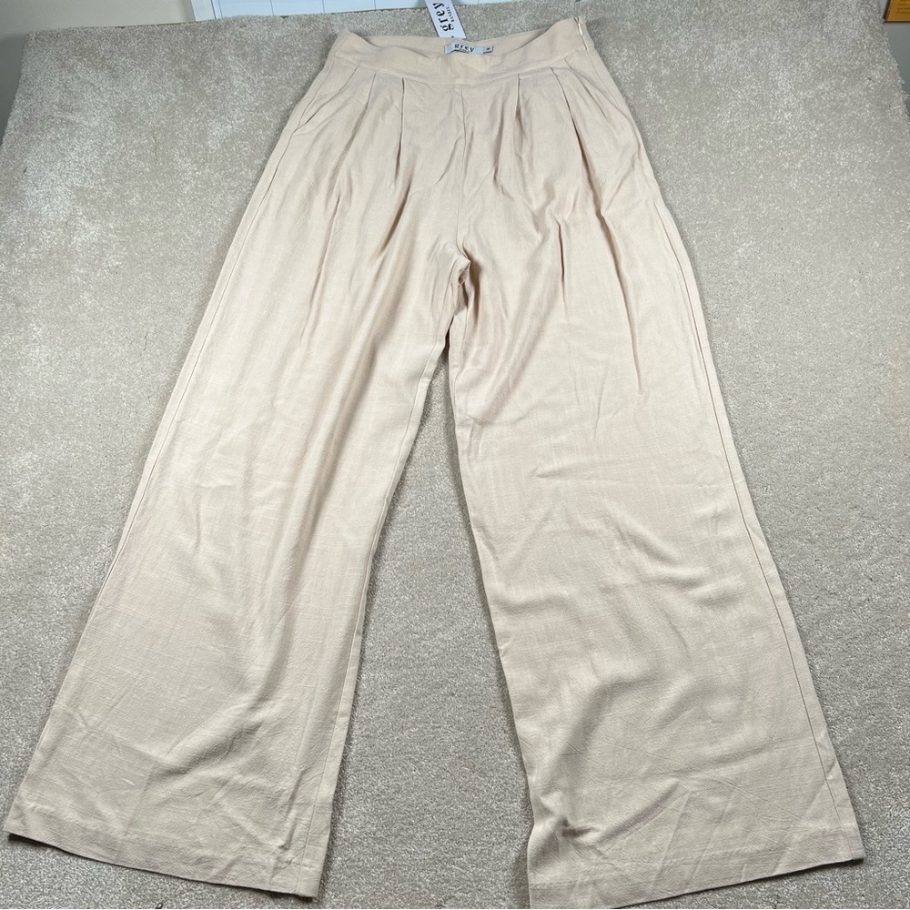 Grey Bandit Beige Linen Blend Lightweight Wide Leg Pleated Dress Pants Women's M